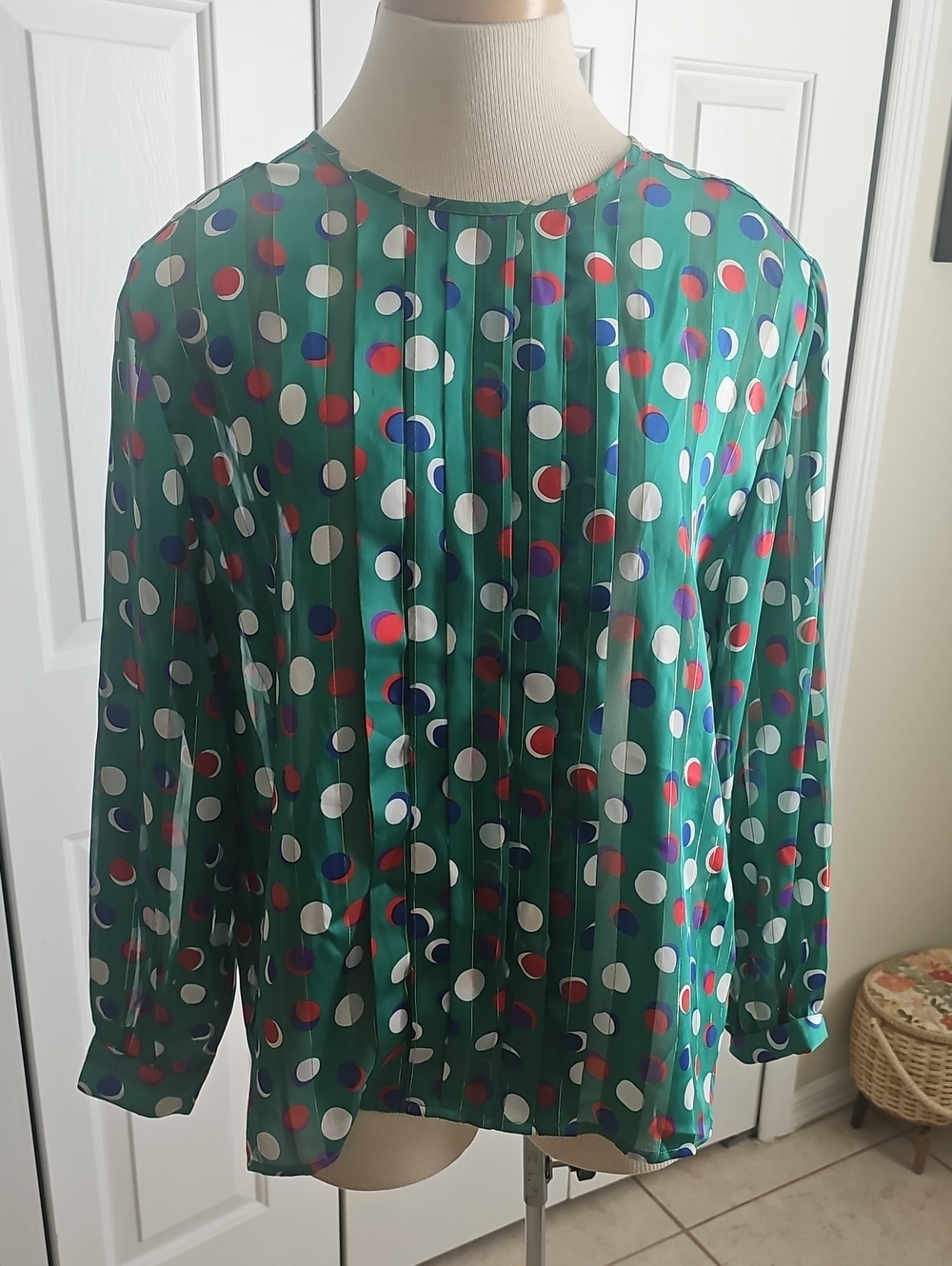 Lindsey Blake Vintage Polka Dot Blouse Womens Sz 14 Green Lurex Pinstripe Retro